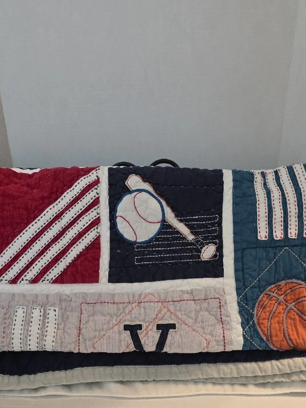 Pottery Barn Kids Junior Varsity Red Navy Sports Patchwork Quilted Toddler Crib